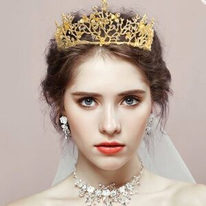 Cute Art Nouveau Style Gold Tone Metal Tiara Butterfly Rhinestone Accents
